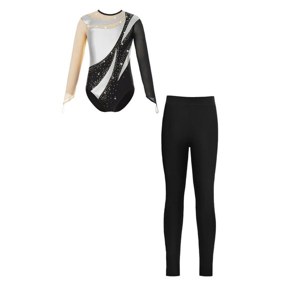 YIZYIF Kids Girls Dance Suit Long Sleeve Shiny Rhinestones Patchwork Leotard with Leggings Ice Skating Gymnastics Suit Silver 16