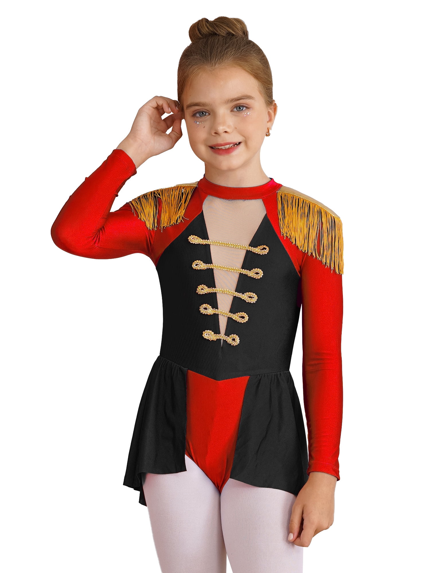 YIZYIF Kids Girls Drum Major Costume Tassels Long Sleeve Jumpsuit Back