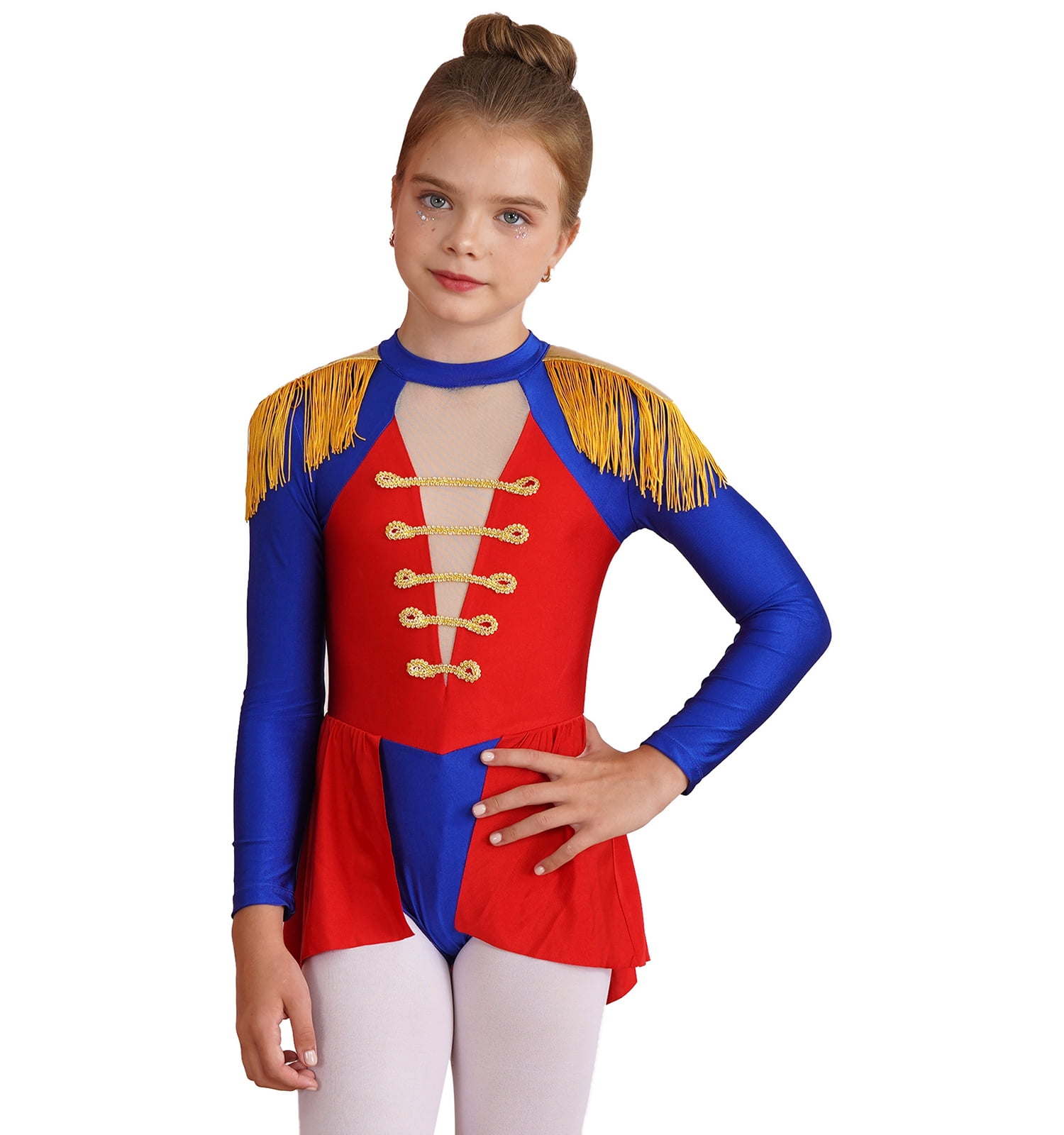 YIZYIF Kids Girls Drum Major Costume Tassels Long Sleeve Jumpsuit Back