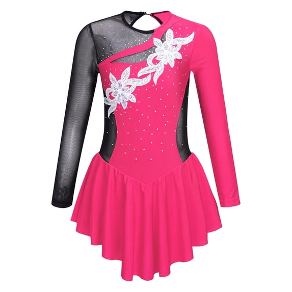YIZYIF Kids Girls Figure Skating Costume Long Sleeve Shiny Rhinestone Ballet Gymnastics Leotard Dress Dancewear Hot Pink 10