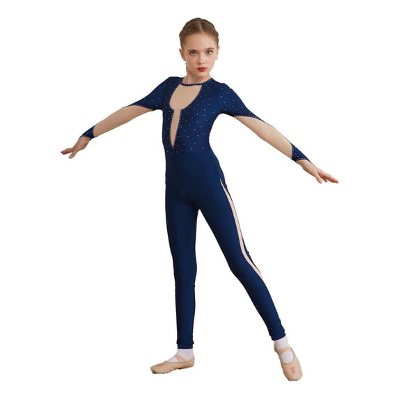YIZYIF Kids Girls Figure Skating Long Jumpsuit Gymnastics Dance Unitard Long Sleeve Acrobatics Tumbling Leotard Navy Blue 8