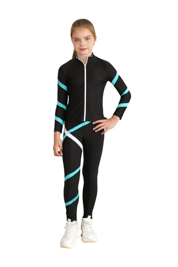 Kids Girls Figure Skating Outfit Long Sleeve Jacket with Pants Leggings Set Yoga Running Gym Suit Blue Green 6