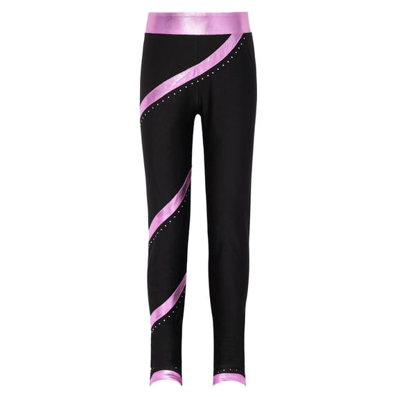 YIZYIF Kids Girls Figure Skating Pants High Waist Metallic Stripes Skinny Gym Leggings Sports Dance Pants Pink 14