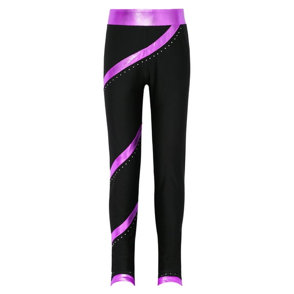 YIZYIF Kids Girls Figure Skating Pants High Waist Metallic Stripes Skinny Gym Leggings Sports Dance Pants Purple 16
