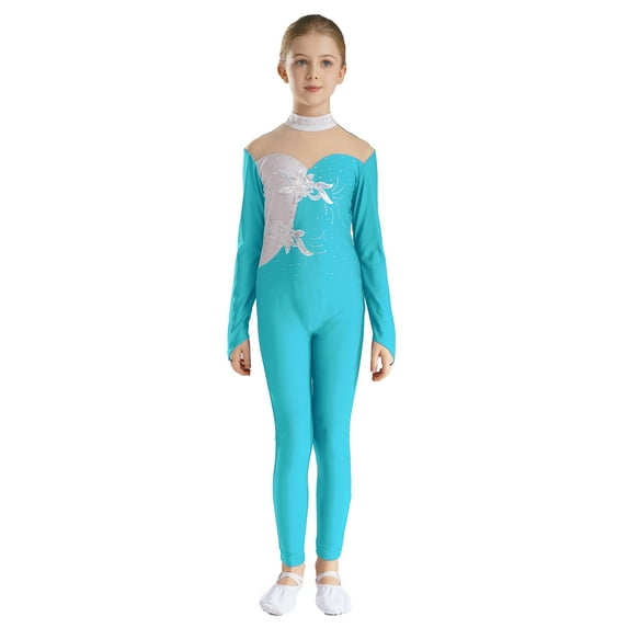 YIZYIF Kids Girls Gymnastics Long Jumpsuit Long Sleeve Mesh Sequins Acrobatics Ballerina Leotard Dancewear Lake Green 12