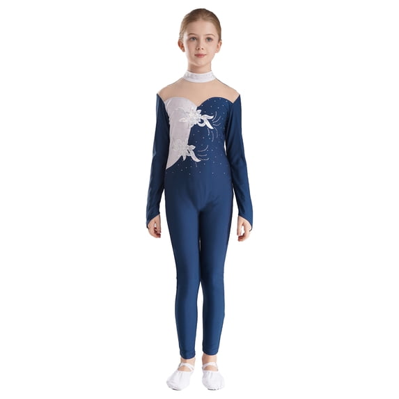 YIZYIF Kids Girls Gymnastics Long Jumpsuit Long Sleeve Mesh Sequins Acrobatics Ballerina Leotard Dancewear Navy Blue 10