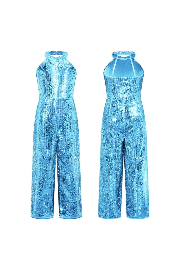 Kids Girls Halter Cocktail Evenings Romper All Sparkly Sequins Dance Jumpsuit Bridesmaid Birthday Pageant Party Outfit Sky Blue 10