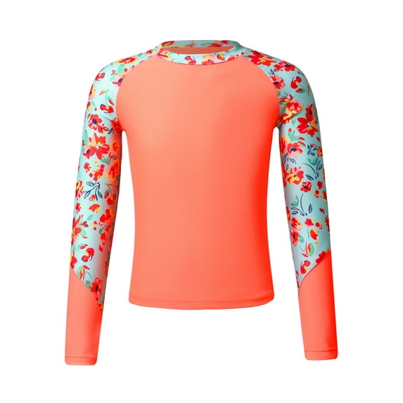 YIZYIF Kids Girls Long Sleeve Cartoon Print Swim Tops UPF 50+ Rash Guard Shirt Swimming Bathing Tops Orange 14