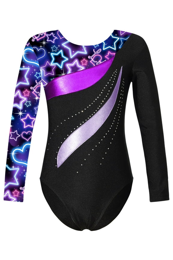 Kids Girls Long Sleeve Gymnastics Leotard Workout Bodysuit Tumbling Dance Performance Outfit Starry Sky Black 8