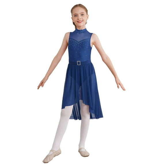 YIZYIF Kids Girls Lyrical Dance Dress High-Low Hem Latin Jazz Costume Sleeveless Rhinestone Gymnastics Leotard Navy Blue 6