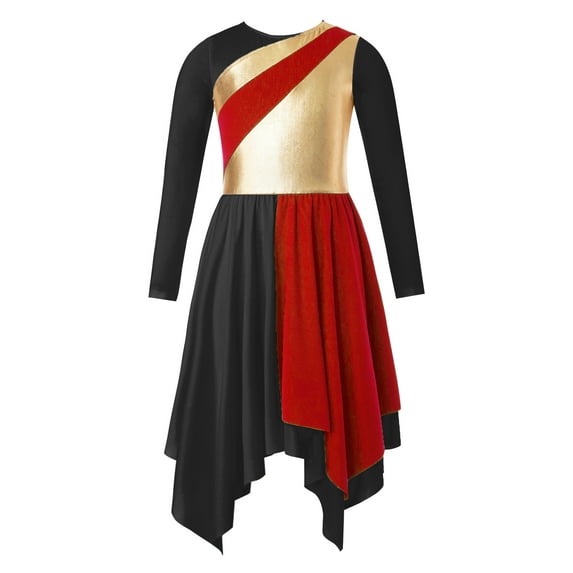 YIZYIF Kids Girls Lyrical Dance Dress Metallic Top Bodice Asymmetrical Hem Skating Dance Performance Dress Red 8