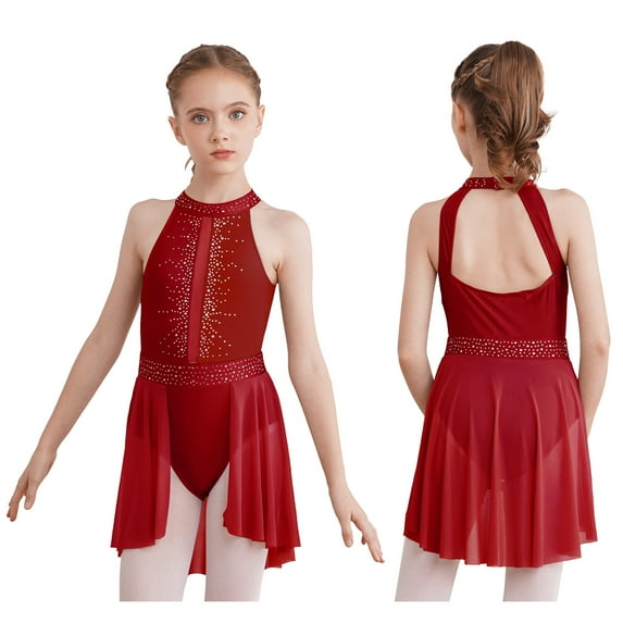 YIZYIF Kids Girls Lyrical Dance Skirted Leotard Shiny Rhinestones Bodice Cutout Back Latin Jazz Dance Dress Burgundy 8