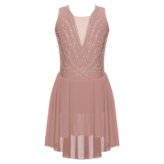 YIZYIF Kids Girls Lyrical Modern Dance Dress Illusion V-neck Open Back Dance Performance Competition Dress Dusty Pink 10