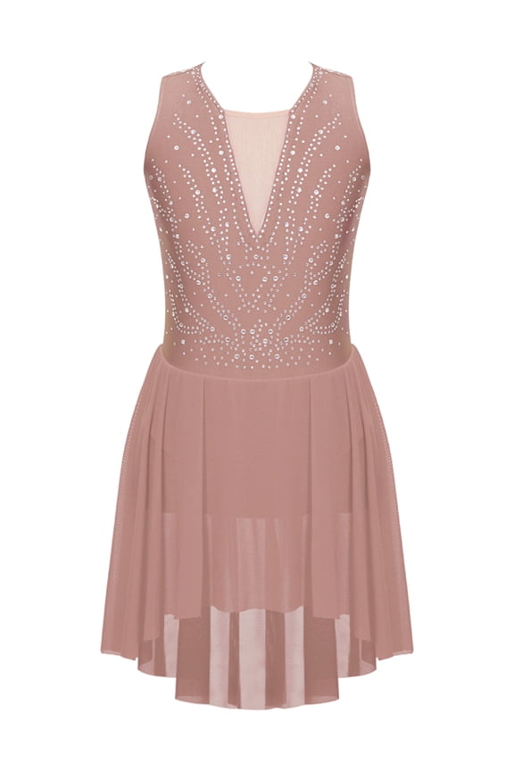 Kids Girls Lyrical Modern Dance Dress Illusion V-neck Open Back Dance Performance Competition Dress Dusty Pink 8