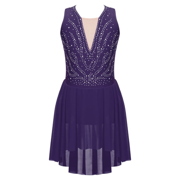 YIZYIF Kids Girls Lyrical Modern Dance Dress Illusion V-neck Open Back Dance Performance Competition Dress Purple 10
