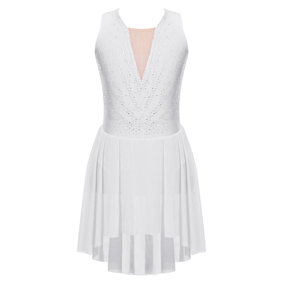 YIZYIF Kids Girls Lyrical Modern Dance Dress Illusion V-neck Open Back Dance Performance Competition Dress White 14