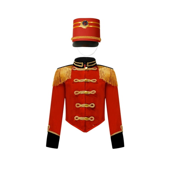 YIZYIF Kids Girls Marching Band Costume Halloween Circus Lion Tamer Outfit Tassels Button Down Jacket with Hat C Red 8