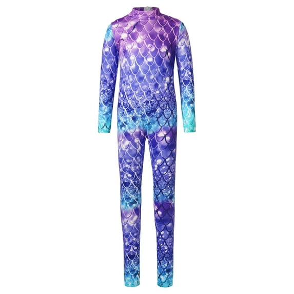 YIZYIF Kids Girls Mermaid Cosplay Costume Long Sleeve Jumpsuit Dance Gymnastics Unitard Type A 11-12