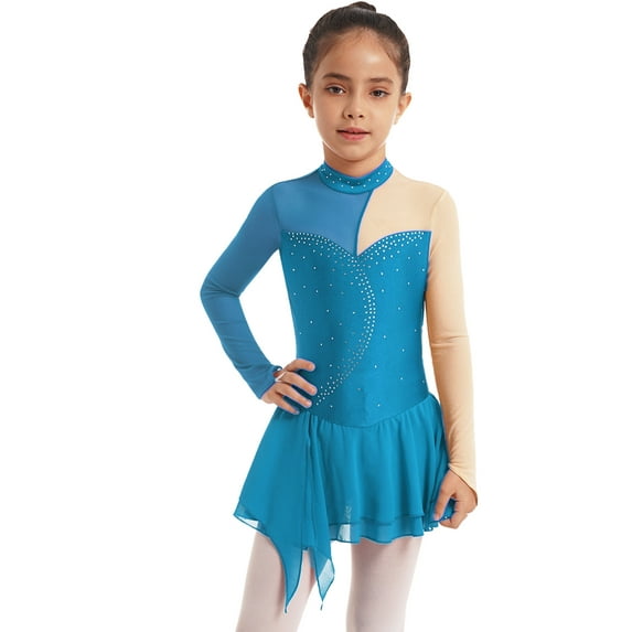 YIZYIF Kids Girls Mesh Sleeve Ballet Skirted Leotard Hollow Back Figure Skating Competition Costume Dancewear Light Blue 14