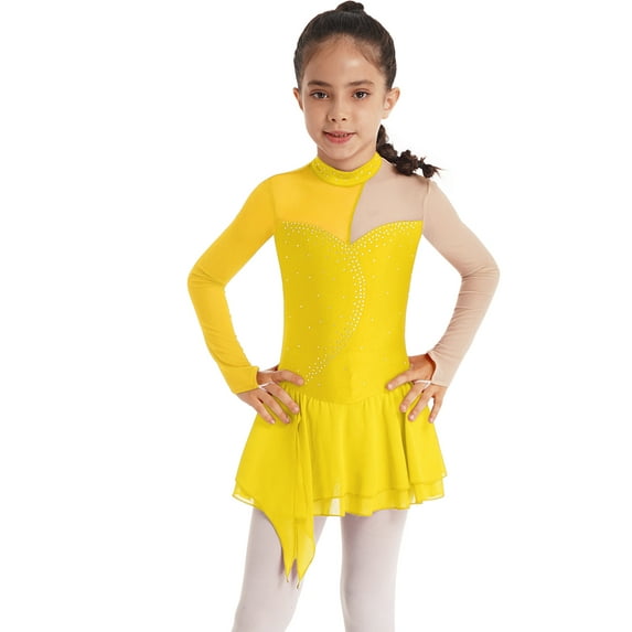 YIZYIF Kids Girls Mesh Sleeve Ballet Skirted Leotard Hollow Back Figure Skating Competition Costume Dancewear Yellow 12