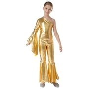 YIZYIF Kids Girls Metallic Bell Bottoms Jumpsuit One Shoulder Flare Sleeve Dance Bodysuit Party Disco Costume Gold 10