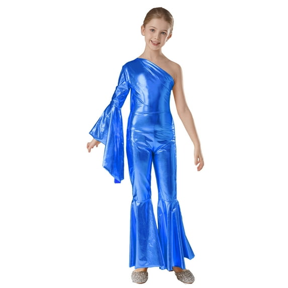 YIZYIF Kids Girls Metallic Bell Bottoms Jumpsuit One Shoulder Flare Sleeve Dance Bodysuit Party Disco Costume Royal Blue 8