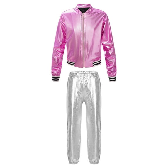 YIZYIF Kids Girls Metallic Dance Outfit Jazz Hip-Hop Street Dance Costume Long Sleeve Zip Up Jacket with Pants Pink&Silver 6