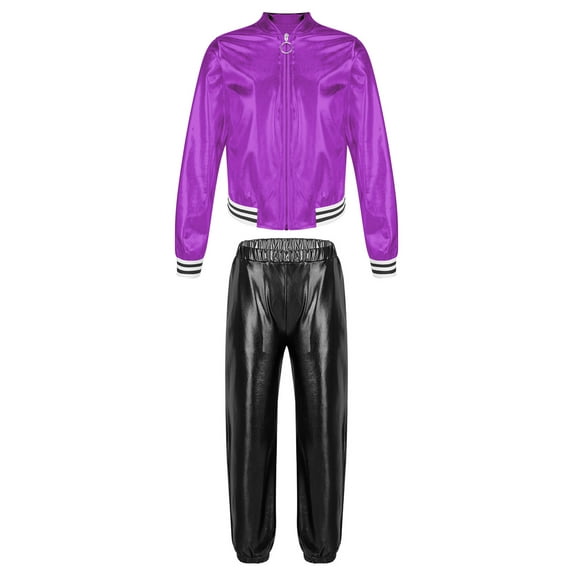 YiZYiF Boys Girls Jazz Hip Hop Dance Costume 2 Piece Set Metallic Shiny Bomber Jacket and Sweatpants Purple&Black 6