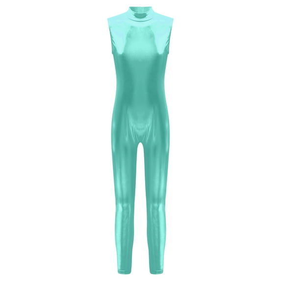 YIZYIF Kids Girls Metallic Jumpsuit Sleeveless Gymnastics Acrobatics Full Length Bodysuit Modern Dance Performance Unitard Blue Green 12