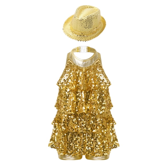 YIZYIF Kids Girls Metallic Latin Jazz Dance Costume Halter Tiered Sequins Ballet Modern Dance Leotard with Hat Gold 14