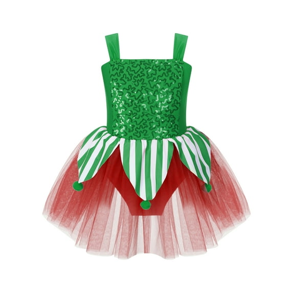 YIZYIF Kids Girls Miss Santa Elf Leotard Tutu Dress Christmas Costume Shiny Sequins Striped Camisole Dance Leotard Green 12