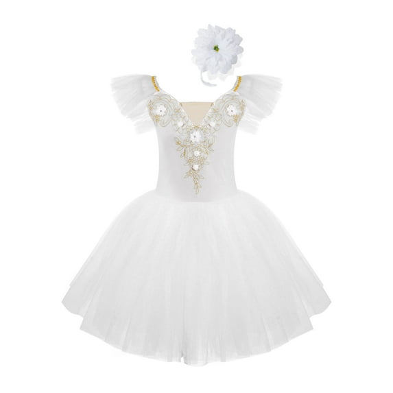 YIZYIF Kids Girls Professional Ballet Tutu Dress Figure Skating Performance Dance Costume Mesh Dress with Headdress