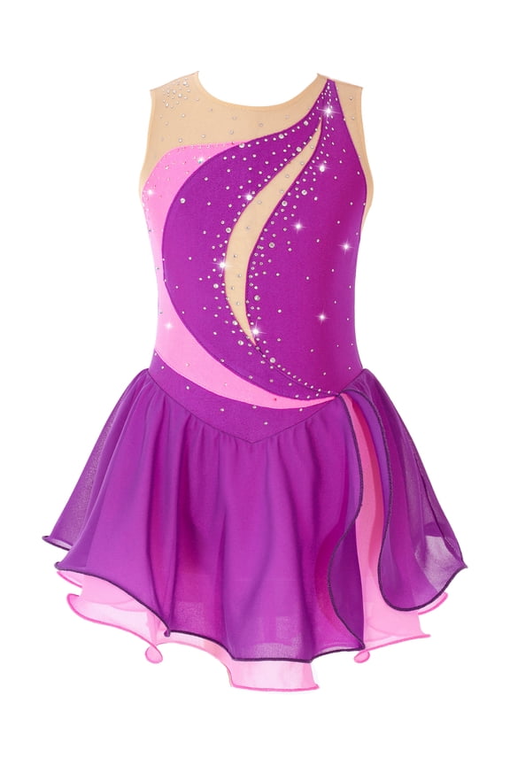 Kids Girls Rhinestone Sleeveless Ice Skating Dress Irregular Hem Leotard Dress Figure Skating Competition Costume Purple 6