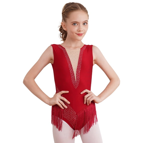 YIZYIF Kids Girls Rhythmic Gymnastics Figure Skating Leotard Deep V Back Shiny Rhinestone Tassels Dance Bodysuit Burgundy 6