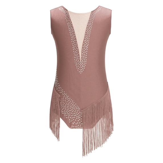 YIZYIF Kids Girls Rhythmic Gymnastics Figure Skating Leotard Deep V Back Shiny Rhinestone Tassels Dance Bodysuit Dusty Pink 6