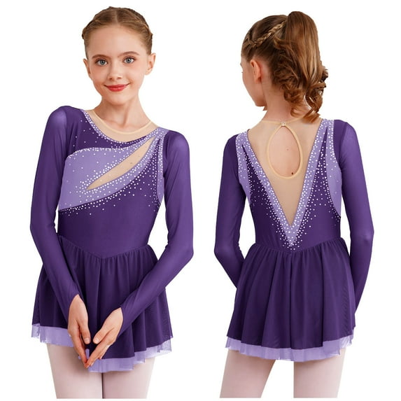 YIZYIF Kids Girls Rhythmic Gymnastics Leotard with Finger Holes Long Sleeve Rhinestone Lyrical Dance Dress Purple 8