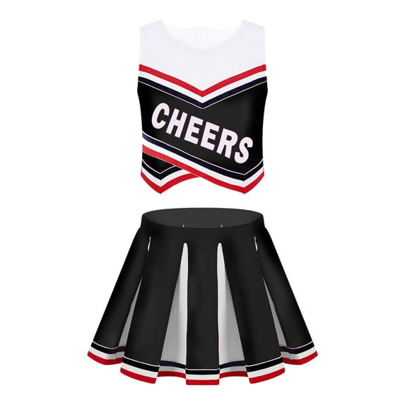 YIZYIF Kids Girls Schoolgirl Cheer Leader Uniform Crop Top with Pleated Skirt Dance Gym Suit Cheerleading Sports Outfit Black 14