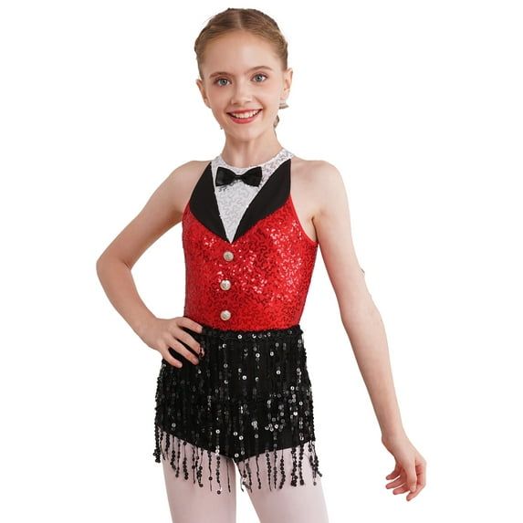 YiZYiF Kids Girls Sparkle Sequins Tassel Latin Jazz Dance Costume Modern Dance Leotard Jumpsuit Red 16