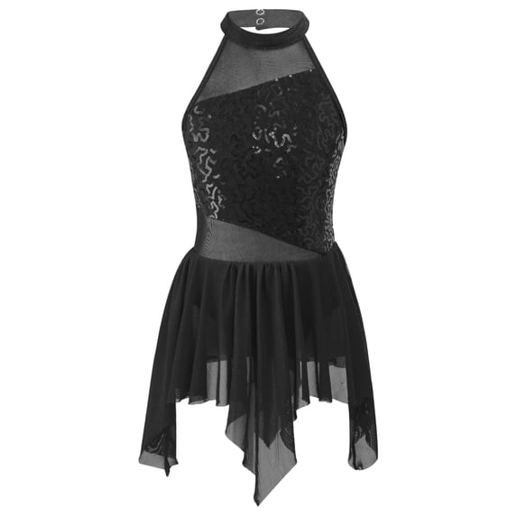 YIZYIF Kids Girls Sequins Mesh Patchwork Skating Leotard Mock Neck Sleeveless Lyrical Modern Solo Dance Wear
