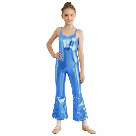 YIZYIF Kids Girls Shiny Metallic Gymnastics Jumpsuit Adjustable Straps Bell-Bottomed Full Bodysuit Dancewear Blue 8