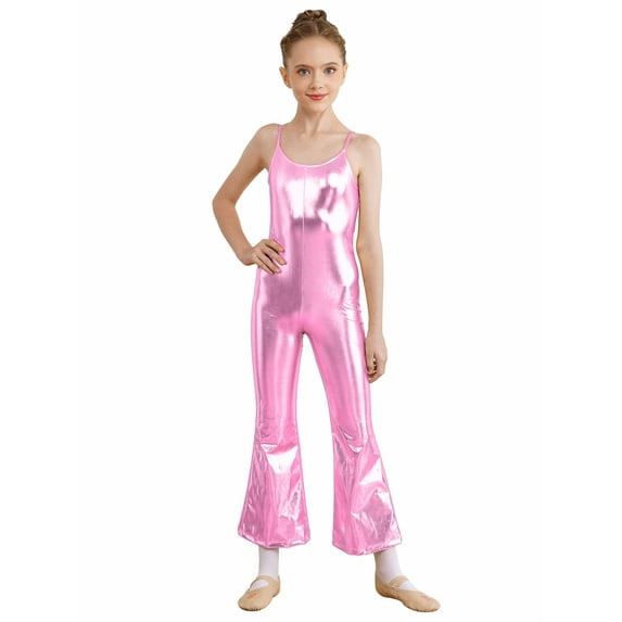 YIZYIF Kids Girls Shiny Metallic Gymnastics Jumpsuit Adjustable Straps Bell-Bottomed Full Bodysuit Dancewear Pink 6