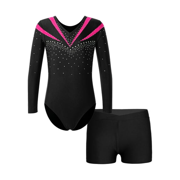 YIZYIF Kids Girls Shiny Rhinestone Leotard with Shorts Dance Suit Contrast Color Gymnastics Outfit Hot Pink 14