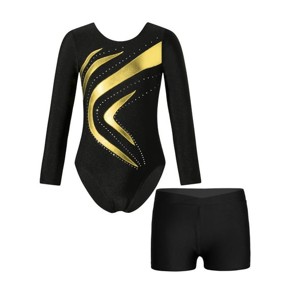 YIZYIF Kids Girls Shiny Rhinestones Gymnastics Leotard Dance Outfit Long Sleeve Ballet Leotard with Shorts Suit Gold 12