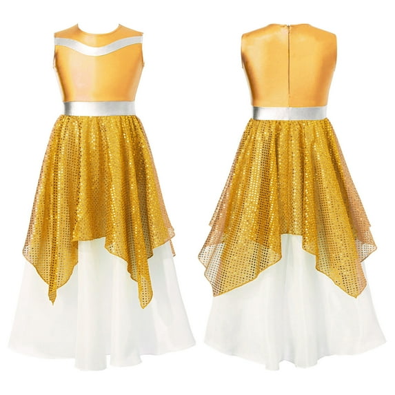 YIZYIF Kids Girls Shiny Sequin Tunics Praise Dress Church Worship Long Gown Lyrical Dance Dress Dancewear Gold 12