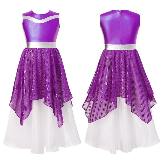 YIZYIF Kids Girls Shiny Sequin Tunics Praise Dress Church Worship Long Gown Lyrical Dance Dress Dancewear Purple 12