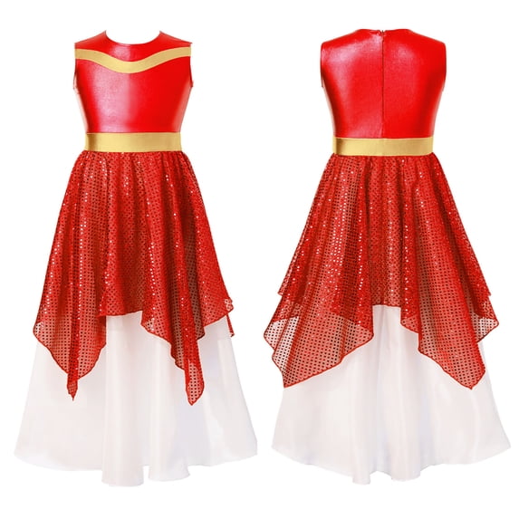 YIZYIF Kids Girls Shiny Sequin Tunics Praise Dress Church Worship Long Gown Lyrical Dance Dress Dancewear Red 6