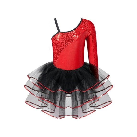 YIZYIF Kids Girls Shiny Sequins Ballet Dance Tutu Dress Asymmetrical Shoulder Jazz Latin Dancewear Skirted Leotard Red 12