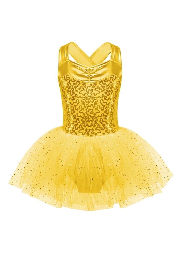 Kids Girls Shiny Sequins Ballet Tutu Dress Lyrical Dance Figure Ice Skating Dress Gymnastics Ballerina Dance Costume