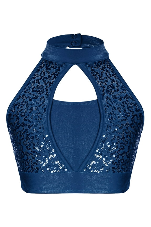 Kids Girls Shiny Sequins Dance costume Sleeveless Hollow Front Crop Top Dance Performance Tops Navy Blue 6