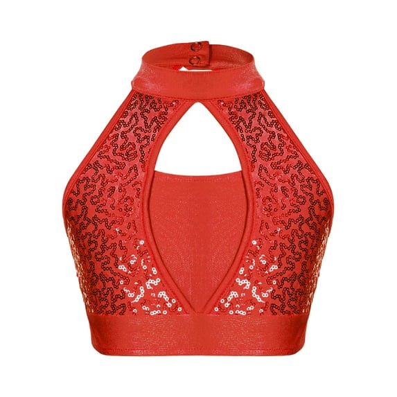 YIZYIF Kids Girls Shiny Sequins Dance costume Sleeveless Hollow Front Crop Top Dance Performance Tops Red 12